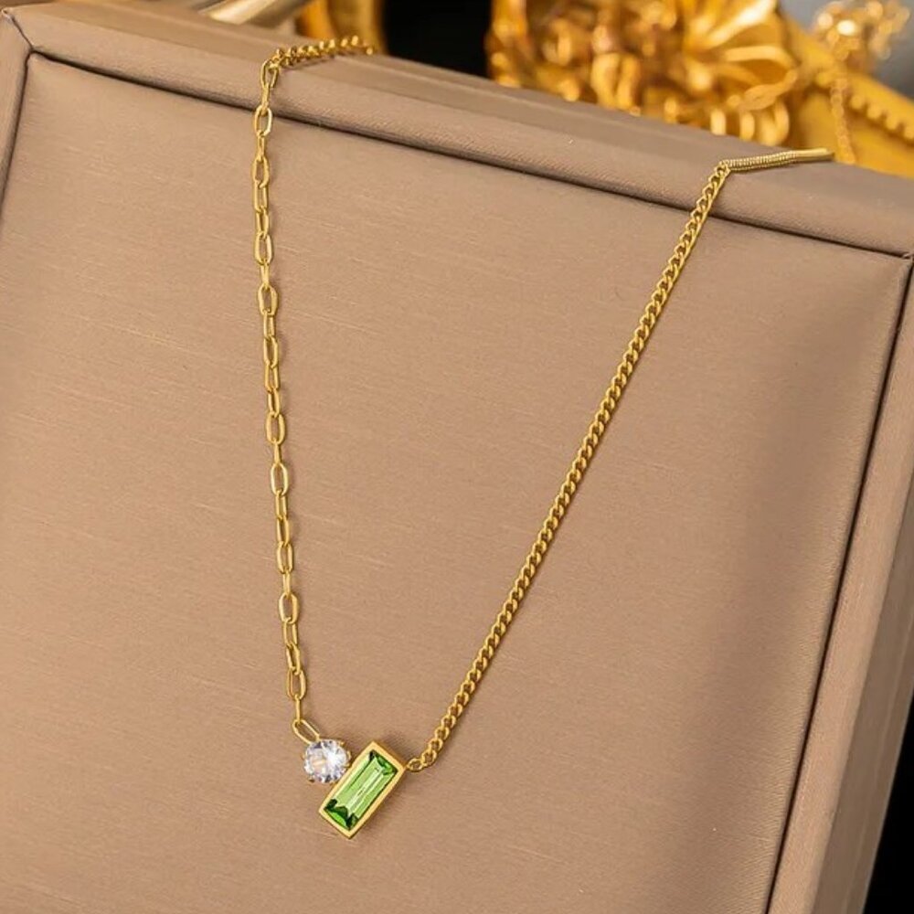 18K Gold Plated Dual-Chain Simulated Green Baguette and Round Zircon Necklace